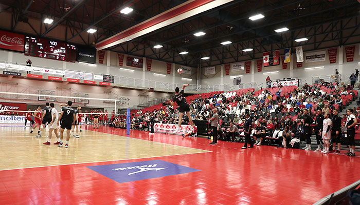 Volleyball match in gymnasium with spectators watching. 