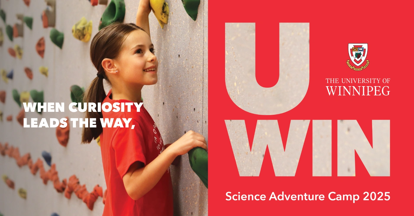 Young girl plays on a climbing wall with text reading UWIN Science Adventure Camp 2025
