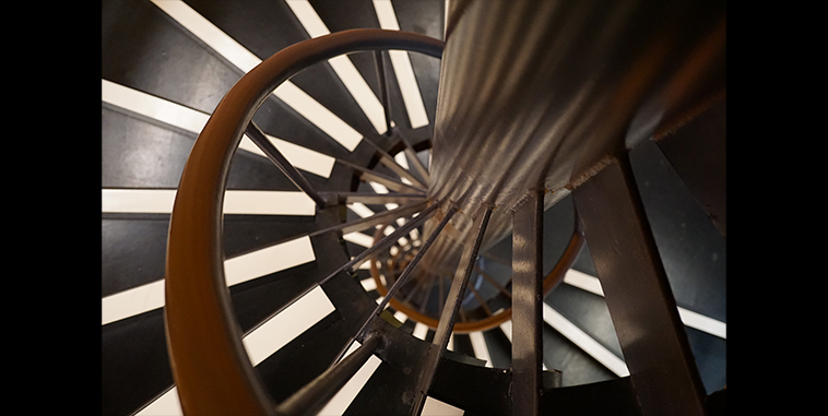View looking down a spiral staircase