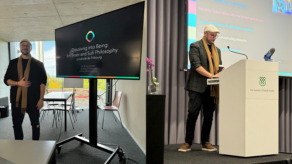 Two images of a man presenting a lecture on his new book.