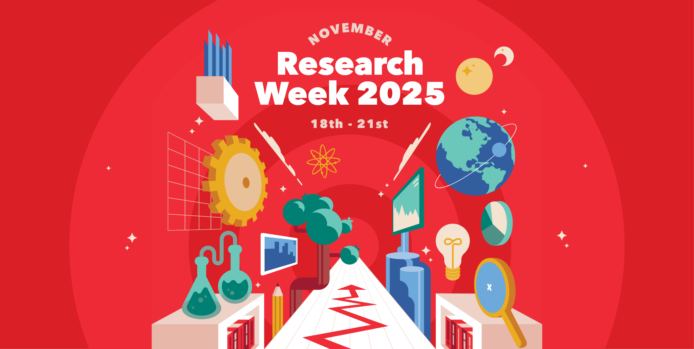 The Research Week 2025 logo, and the image contains objects related to research, such as lightbulbs, and a magnifying glass.