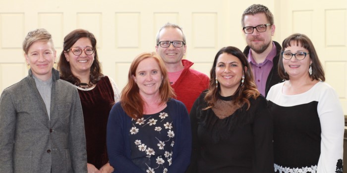 UWinnipeg's Canada Research Chairs (L to R): Drs. Angela Failler, Mary Jane Logan McCallum, Nora Casson, Jeff Martin, Julie Nagam, Christopher Wiebe, and Jaime Cidro.