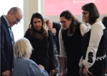 Dr. Jino Distasio, Dr. Julie Nagam, Dr. Mary Jane McCallum, and Dr. Jaime Cidro in conversation with Elder Velma Orvis during UWinnipeg's Canada Research Chair reception. ©UWinnipeg