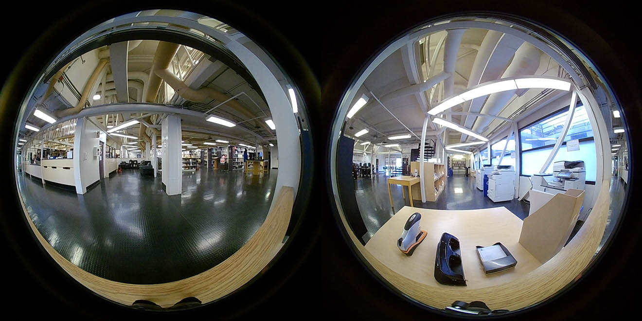 Two circular image with a view of the library