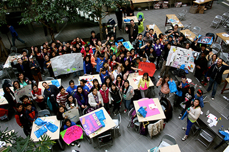 Students in the Science building atrium