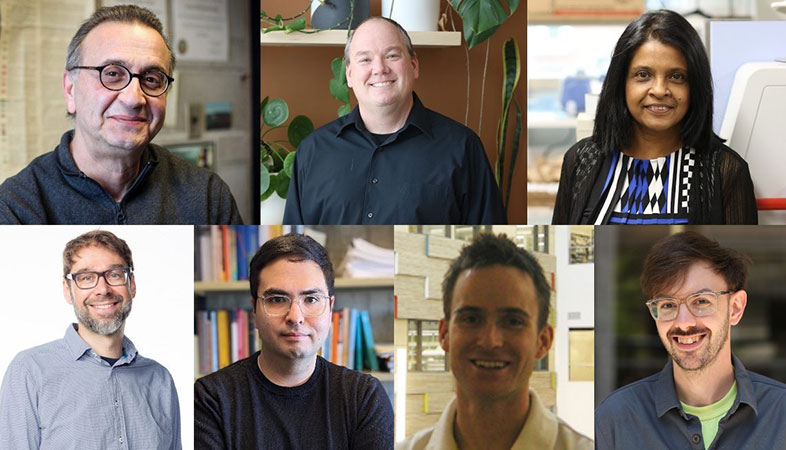 Top row (left to right): Dr. Ed Cloutis, Dr. Stephen Smith, and Dr. Darshani Kumaragamage. Bottom row (left to right): Dr. Ross Stokke, Dr. Iian Smythe, Dr. Joshua Hollett, and Dr. Brandon Goulding.