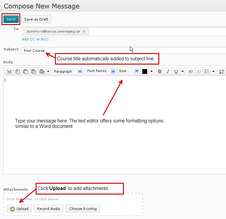 Navigating the "Compose new message" window