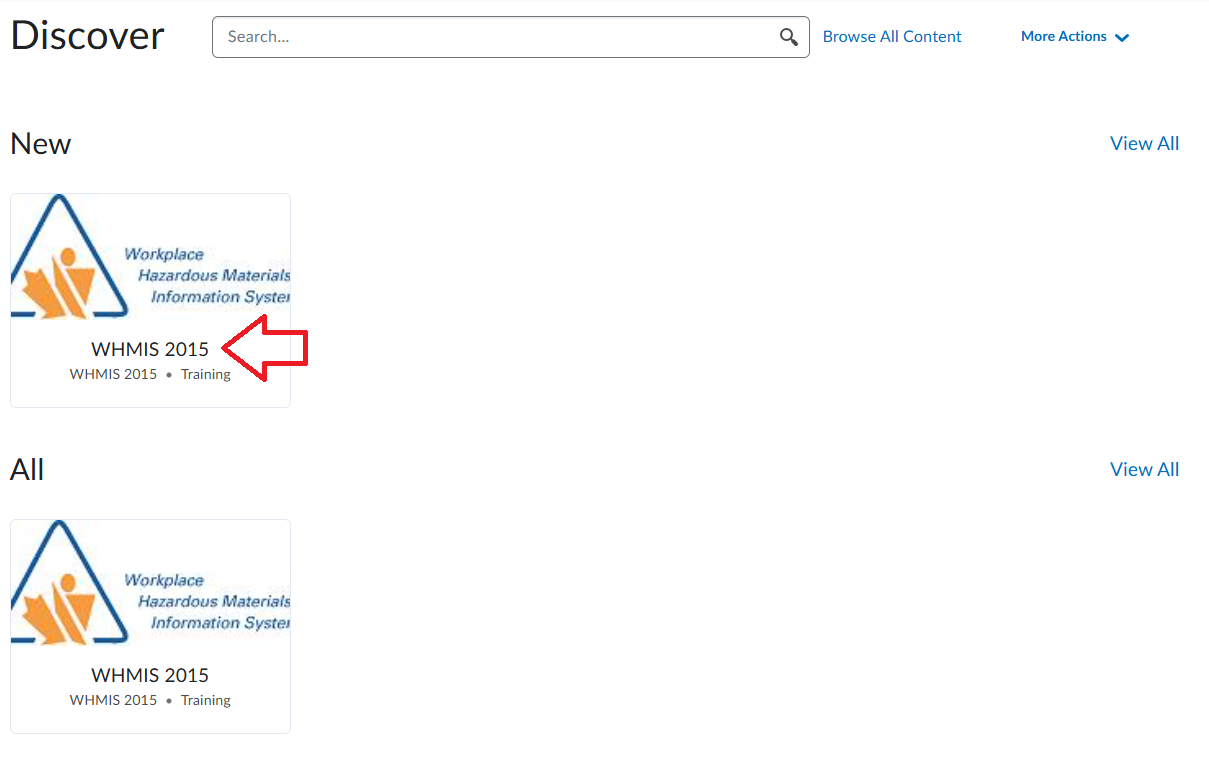 Discover page with an arrow pointing to a course tile