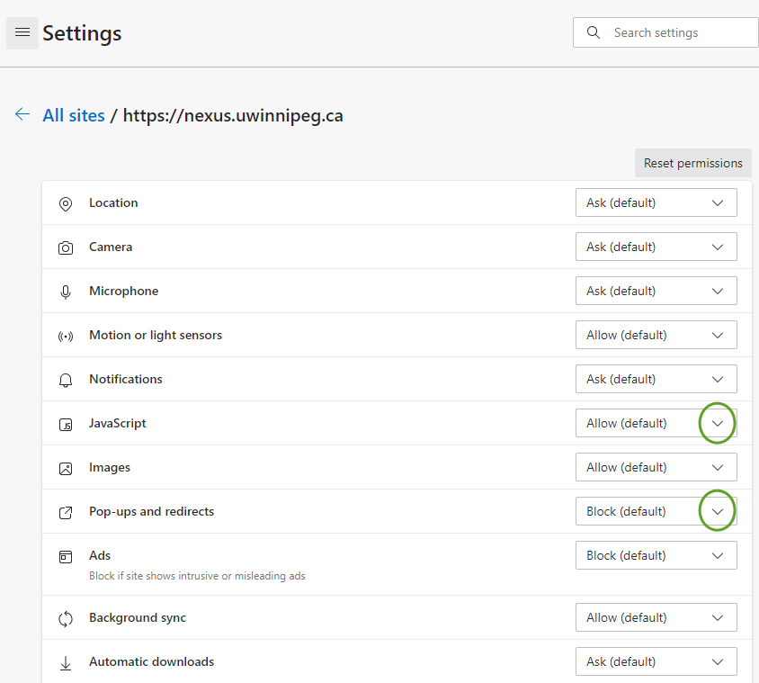 Microsoft Edge permission settings