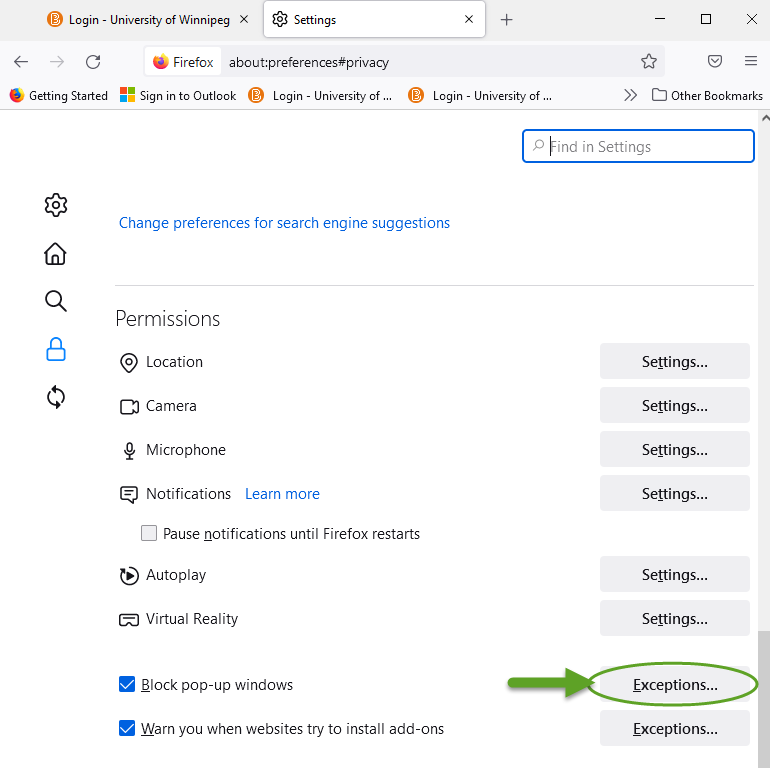 Firefox permission settings