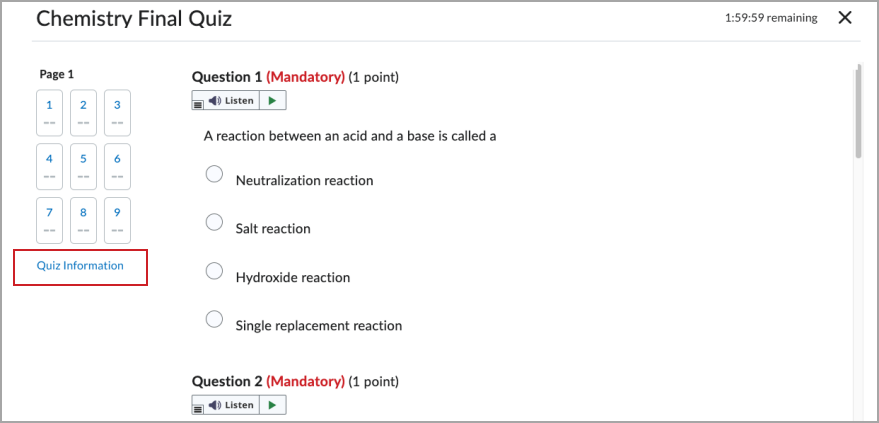 Quiz Information option on the quiz page