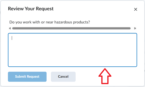 Review Your Request pop-up with a question and an arrow pointing to the Submit Request button