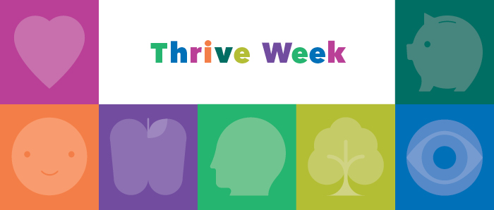 Banner with the word "Thrive Week" graphic images of a heart, smiley face, apple, tree and a piggy bank