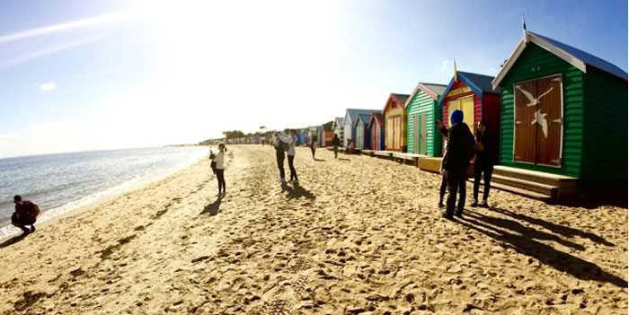 People standing on beach looking at water with colourful beach boxes on the shore behind them