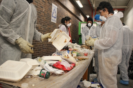 students sorting waste
