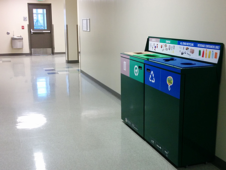 Recycling bins in hallway