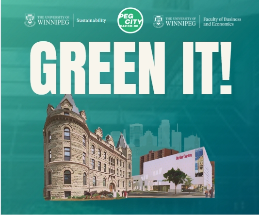 image of PITCH IT! poster. Wesley Hall, Buhler center, and silhouette of tall apartment buildings in the background 
