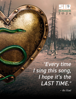 A shield shaped like half a heart with a deadly snake crawling across it and the message "Every time I sing this song I hope it's the LAST TIME"