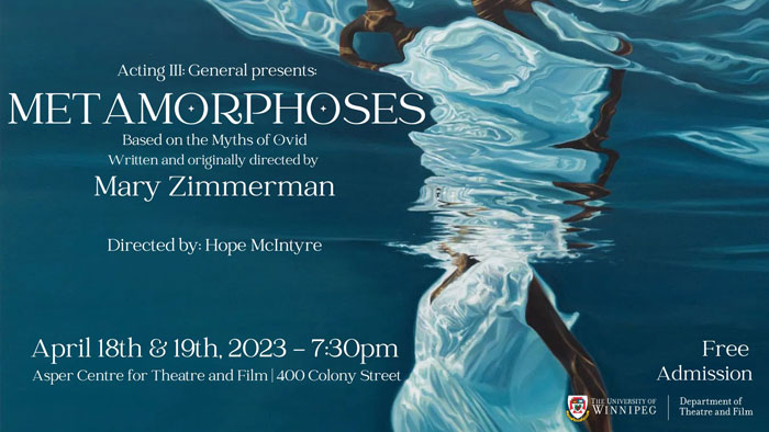 A blue, watery image of someone below the surface of the water in a flowing white dress, being reflected on the surface. There is information about the show printed on the poster.