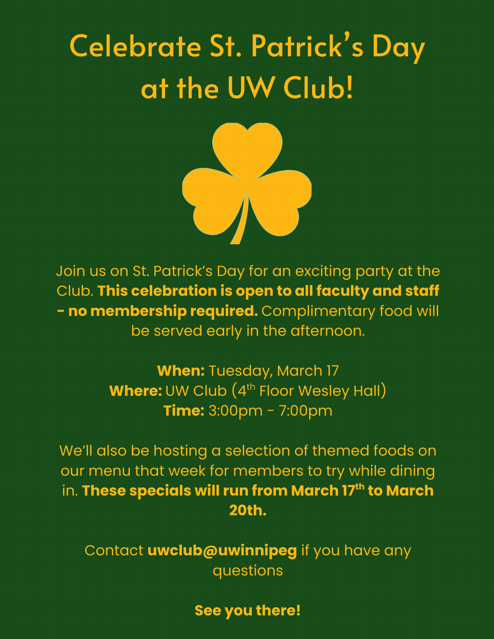UW Club Party - March 17th 3pm , St. Patrick's Day