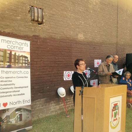 UWinnipeg President Annette Trimbee speaks at the demolition ceremony