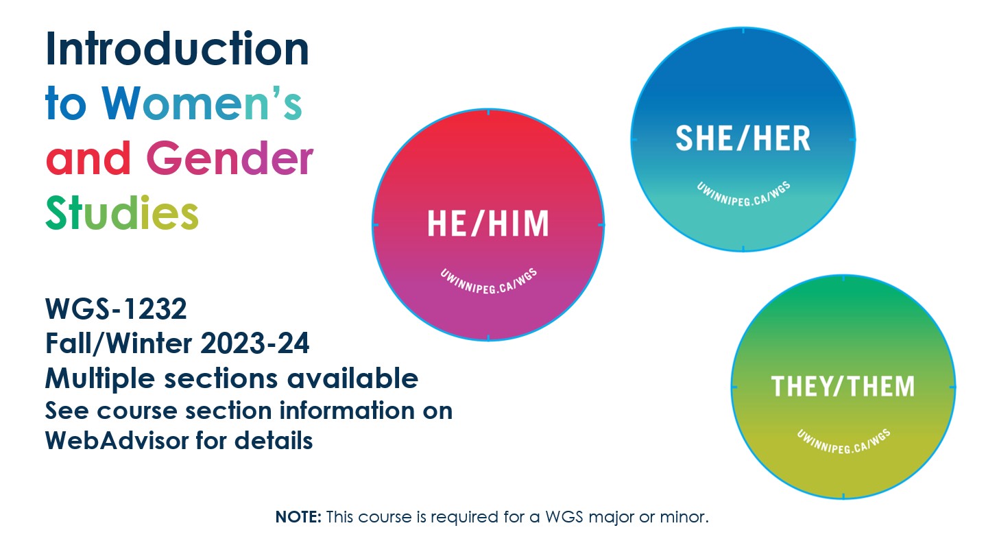 Blue "She/Her", red "He/Him", and yellow/green "They/Them" buttons with text: Introduction  to Women’s  and Gender  Studies, WGS-1232 Fall/Winter 2023-24 Multiple sections available See course section information on WebAdvisor for details, NOTE: This course is required for a WGS major or minor.