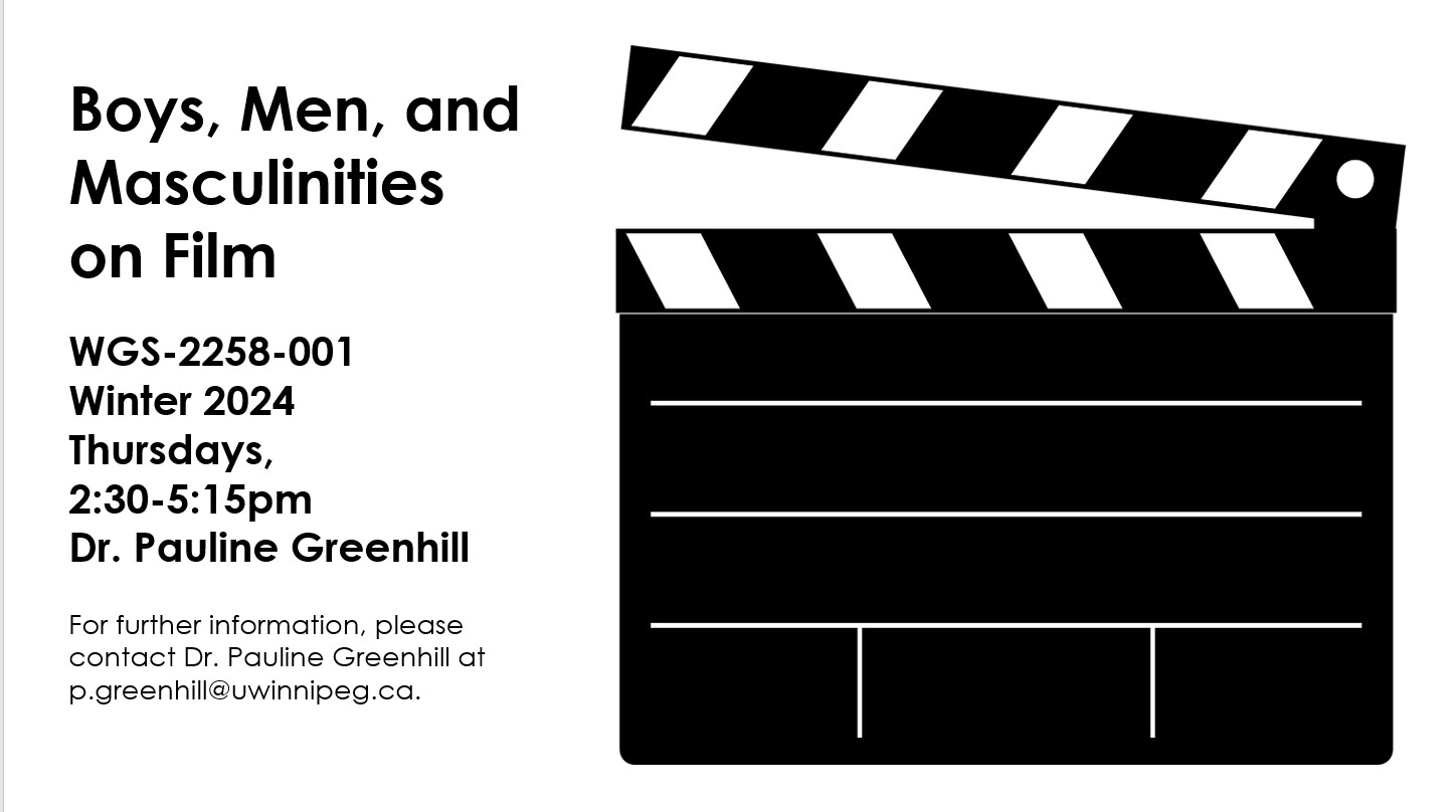 Cartoon clapperboard with text: Boys, Men,  and  Masculinities  on Film; WGS-2258-001 Winter 2024 Thursdays,  2:30-5:15pm Dr. Pauline Greenhill; For further information, please contact  Dr. Pauline Greenhill at p.greenhill@uwinnipeg.ca.