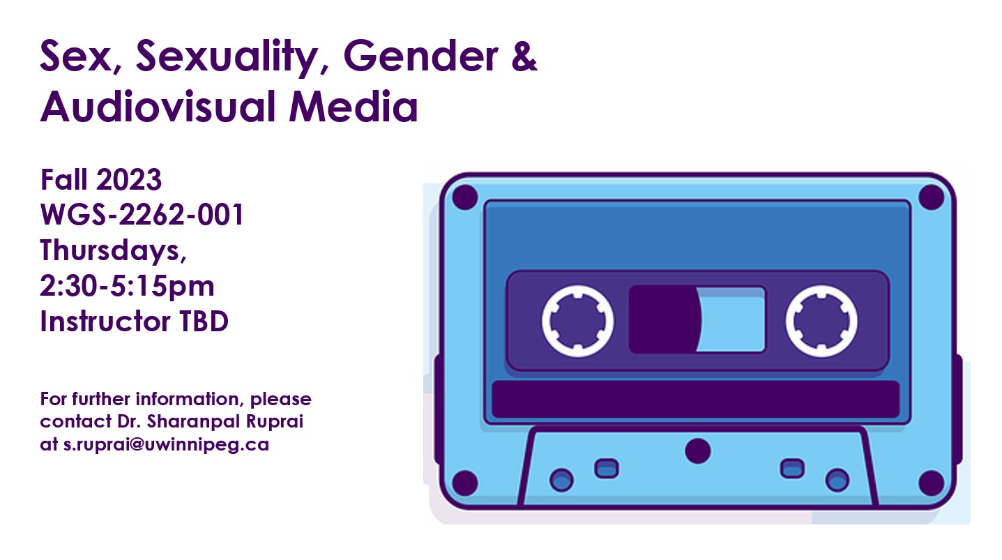 Cartoonish cassette tape with text: Sex, Sexuality,  Gender &  Audiovisual Media; Fall 2023  WGS-2262-001 Thursdays,  2:30-5:15pm  Instructor TBD; For further information, please contact Dr. Sharanpal Ruprai at s.ruprai@uwinnipeg.ca  