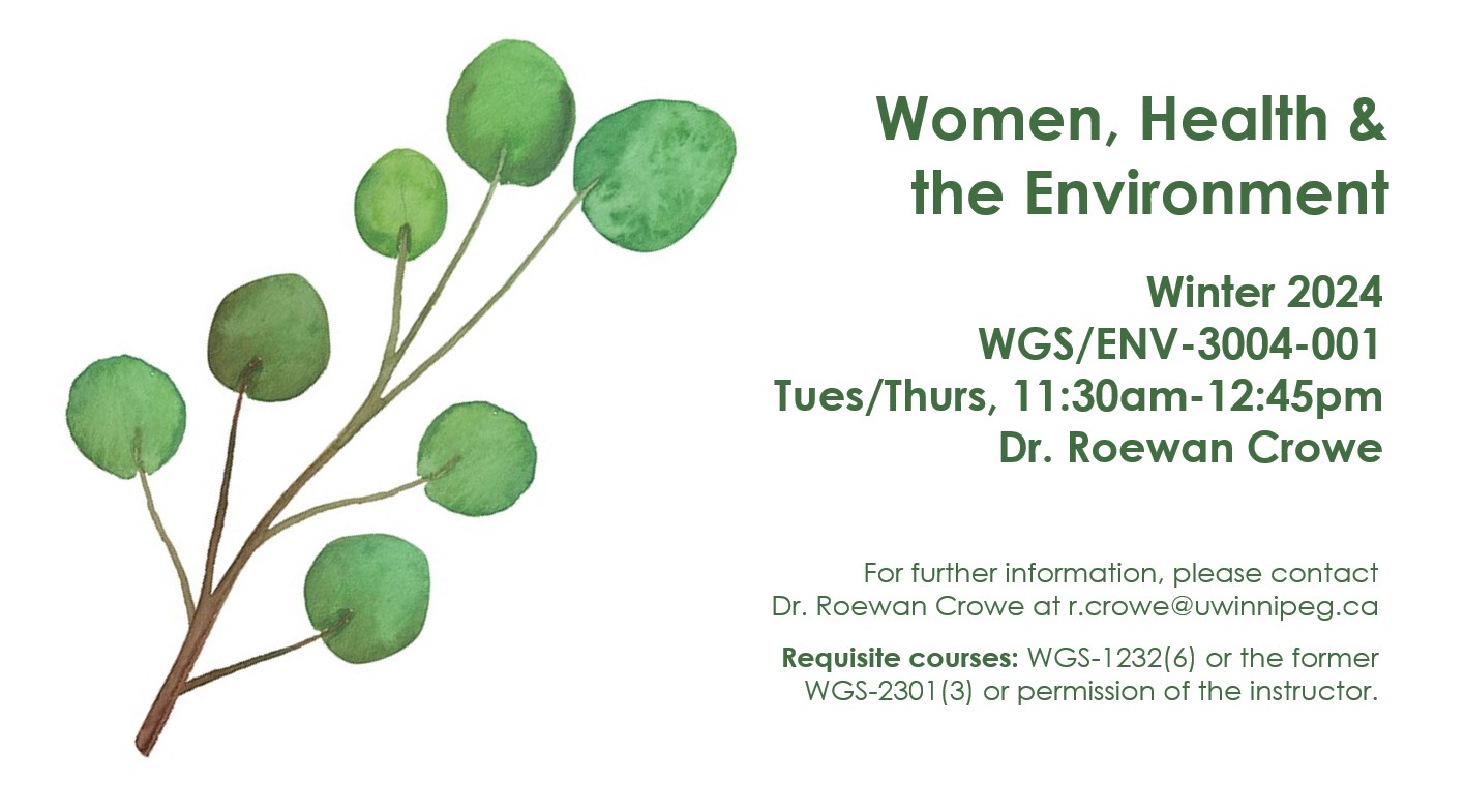 Eucalpytus-type branch with text: Women, Health &  the Environment; Winter 2024  WGS/ENV-3004-001 Tues/Thurs 11:30am-12:45pm  Dr. Roewan Crowe; For further information, please contact  Dr. Roewan Crowe at r.crowe@uwinnipeg.ca  Requisite courses: WGS-1232(6) or the former  WGS-2301(3) or permission of the instructor.