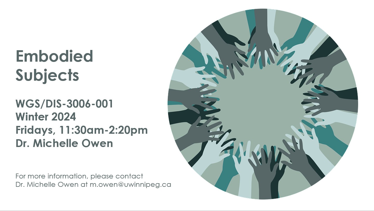 Circle with navy blue/grey-blue/teal/light blue hands reaching inward with text: Embodied  Subjects; WGS/DIS-3006-001 Winter 2024 Fridays, 11:30am-2:20pm Dr. Michelle Owen; For more information, please contact Dr. Michelle Owen at m.owen@uwinnipeg.ca 