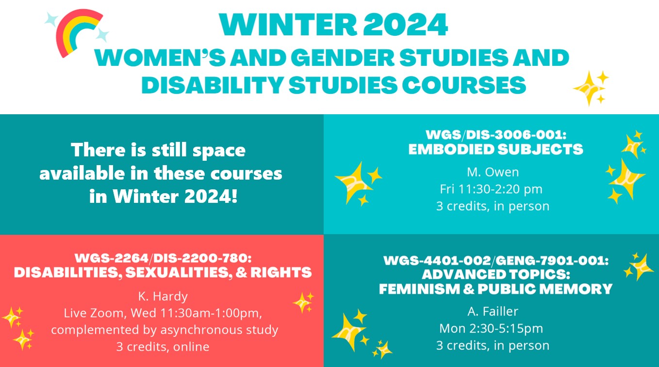 Colour block design with details about available courses for Winter 2024: WGS-2264/DIS-2200-780; WGS/DIS-3006-001; WGS-4401-002/GENG-7901-001