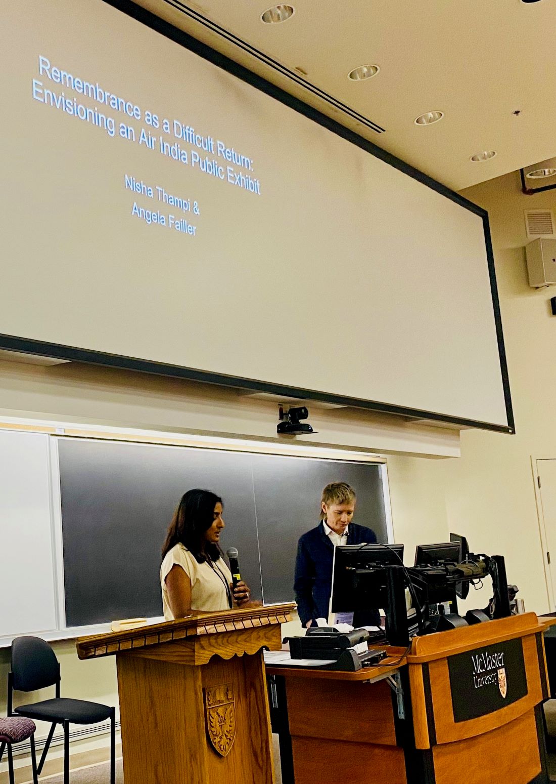 Dr. Nisha Thampi and Dr. Angela Failler presenting at the Remembering Air India conference, May 2025