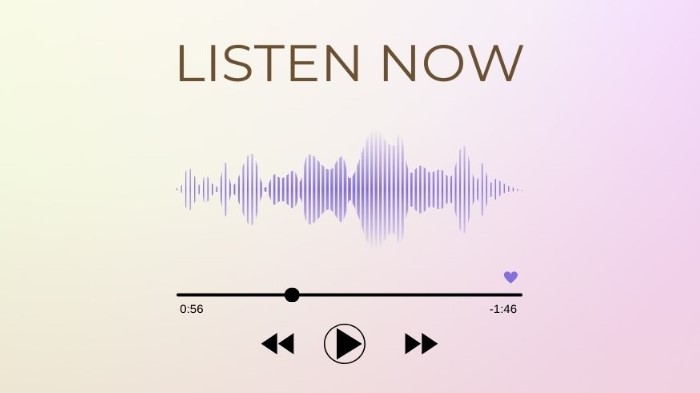 The words "Listen Now" on a lightly gradiated pink/purple background with audio waves, progress bar, and rewind, play and fast forward buttons