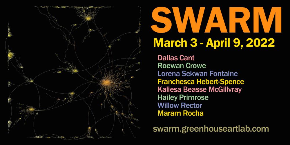 A graphic word network with yellow bee swarm- or constellation-like formations appear in varying sizes on a black background at the left. The words are too small to decipher. Exhibition title, dates, artist names and exhibit URL are written top to bottom on the right in alternating lines of orange, yellow, pink, green and blue.